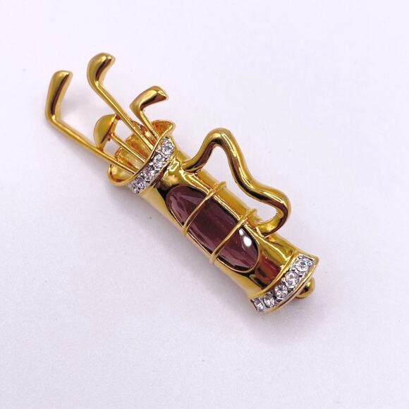 Vntg Gold Tone Golf Bag Brooch With Rhinestones and Purple Glass Stone Accent - Picture 2 of 6